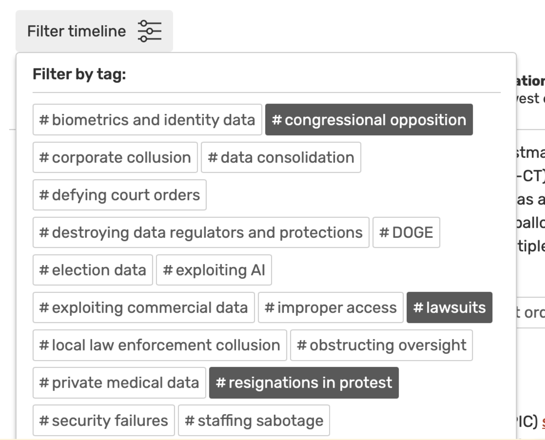Screenshot of the "Filter timeline" function on Unbreaking's Data Security page. Many tags are displayed, and three are selected: "#congressional opposition," "#lawsuits," and "#resignations in protest."